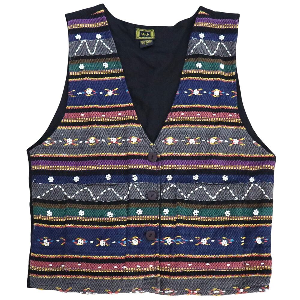 Vintage 90s AJ Knit Vest Embroidered Pearls Needlepoint Stripe Boho COTTON Art M